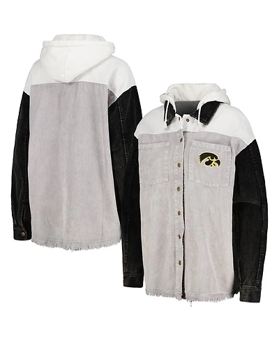 Women's Gameday Couture Gray Distressed Iowa Hawkeyes Vintage-Like Wash Corduroy Full-Snap Hooded Shacket