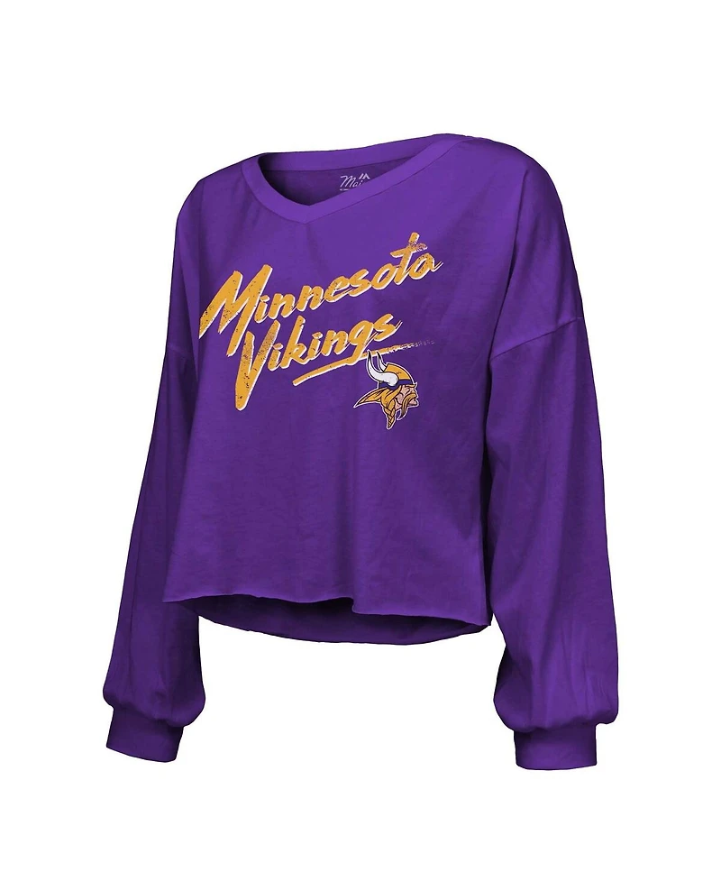 Women's Majestic Threads Justin Jefferson Purple Distressed Minnesota Vikings Name and Number Off-Shoulder Script Cropped Long Sleeve V-Neck T-shirt