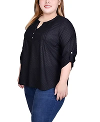 Ny Collection Plus 3/4 Sleeve Roll Tab Y Neck Top