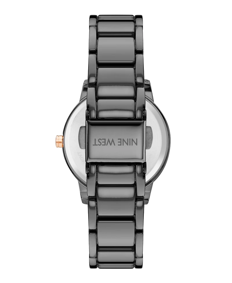 Nine West Women's Quartz Dark Gray Alloy Link Bracelet and Floral Pattern Watch, 35mm