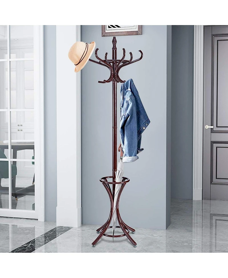 Wood Standing Hat Coat Rack with Umbrella Stand