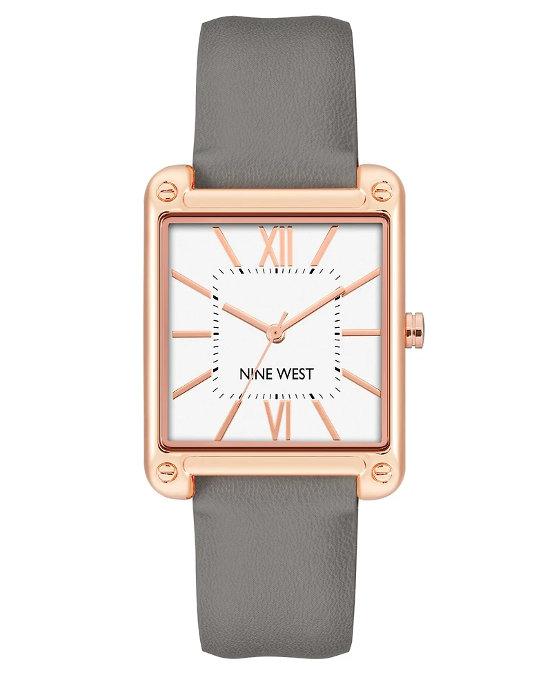 Nine West Women's Quartz Square Gray Faux Leather Band Watch, 29mm