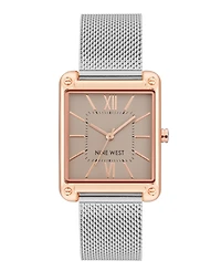 Nine West Women's Quartz Rectangular Silver-Tone Stainless Steel Mesh Band Watch, 29mm