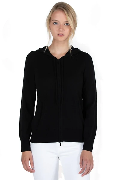 Jennie Liu Women's 100% Pure Cashmere Long Sleeve Zip Hoodie Cardigan Sweater