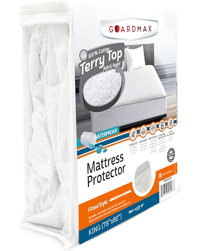 Guardmax King Mattress Protector Fitted Sheet by Guardmax. Terry Cotton Waterproof Mattress Protector- Soft & Comfortable Mattress Cover with 15 Inch