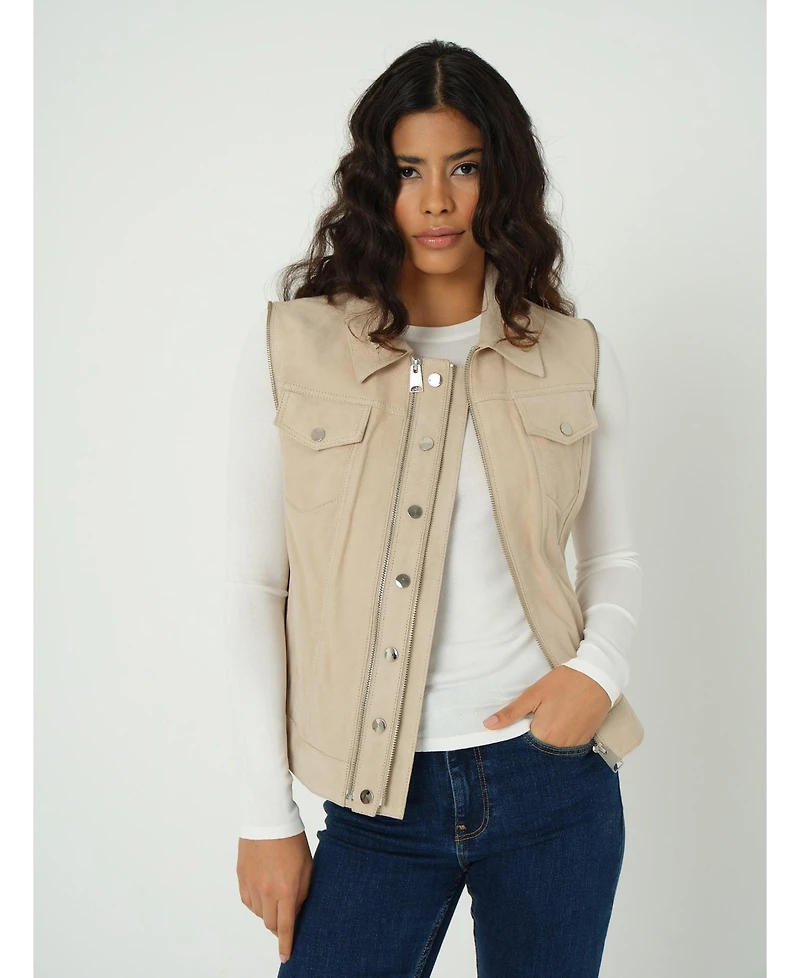 Furniq Uk Women's Detachable Sleeves Suede Biker Jacket and Waistcoat, Beige