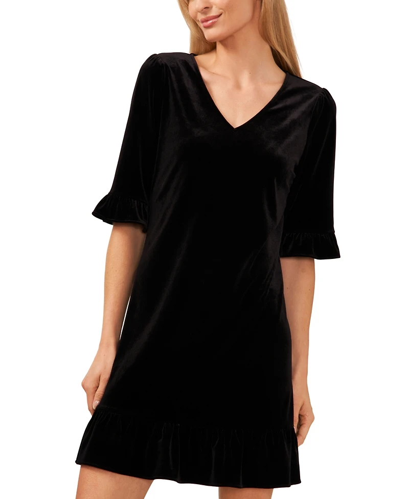 CeCe Women's Velvet 3/4-Sleeve Ruffle Trim Shift Dress