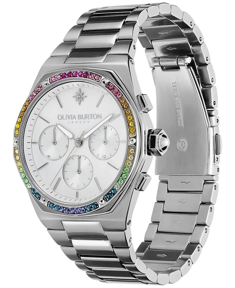 Olivia Burton Women's Hexa Multifunction Silver-Tone Stainless Steel Bracelet Watch 38mm