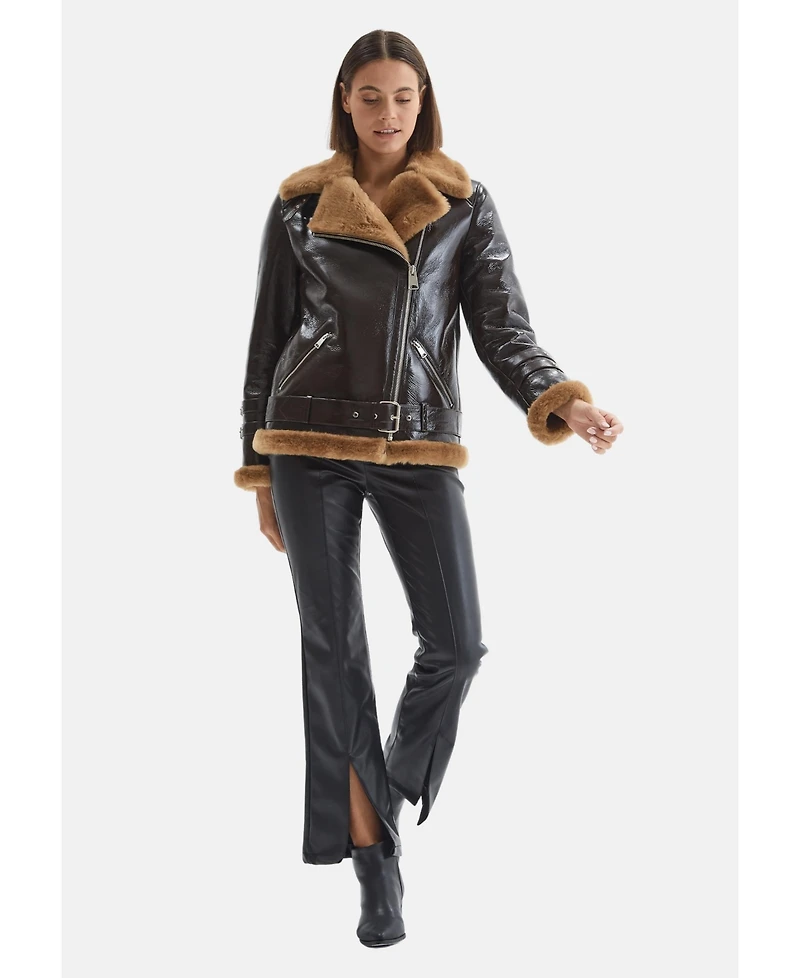 Furniq Uk Women's Shearling Belted Biker Jacket, Rugan Brown with Brown Wool