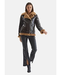 Furniq Uk Women's Shearling Belted Biker Jacket, Rugan Brown with Brown Wool
