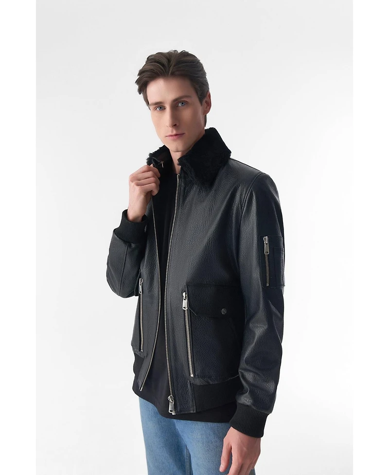 Furniq Uk Men's Detachable Shearling Collar Leather Jacket