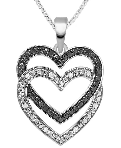 Black & White Diamond Double Heart 18" Pendant Necklace (1/6 ct. t.w.) in Sterling Silver