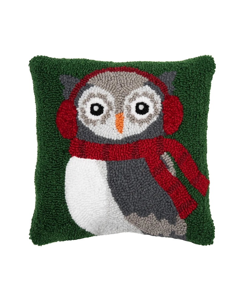 C&F Home 18" x18" Winter Owl Wearing Ear Muff and Scarf on Green Background Cotton Hooked Pillow Accent Throw Pillow