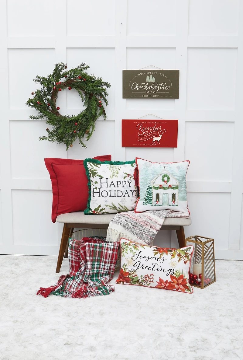 Seasons Greetings Poinsettia Printed and Embroidered Throw Pillow