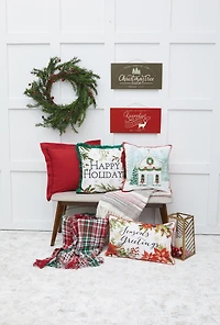 Seasons Greetings Poinsettia Printed and Embroidered Throw Pillow