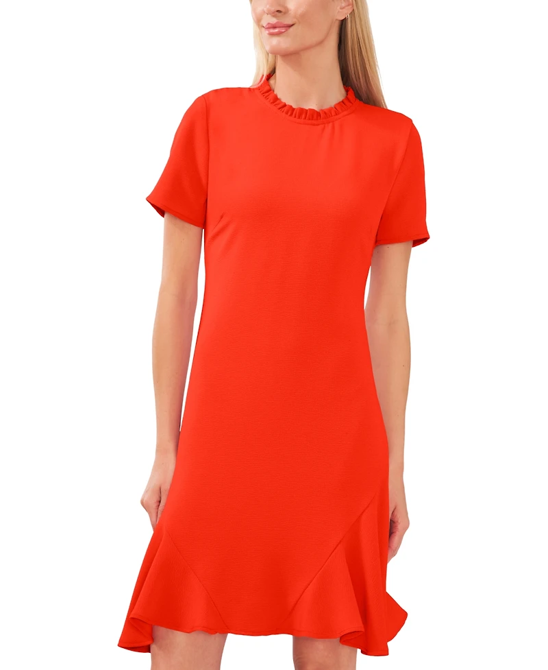 CeCe Women's Ruffle Neck Short Sleeve Godet A-Line Dress