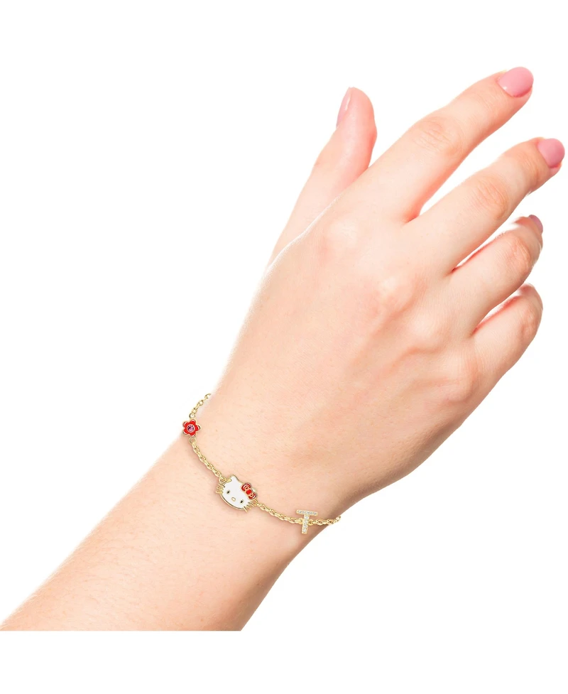 Sanrio Hello Kitty Womens Yellow Gold Plated Letter Bracelet - Cubic Zirconia Initial Bracelet - Officially Licensed