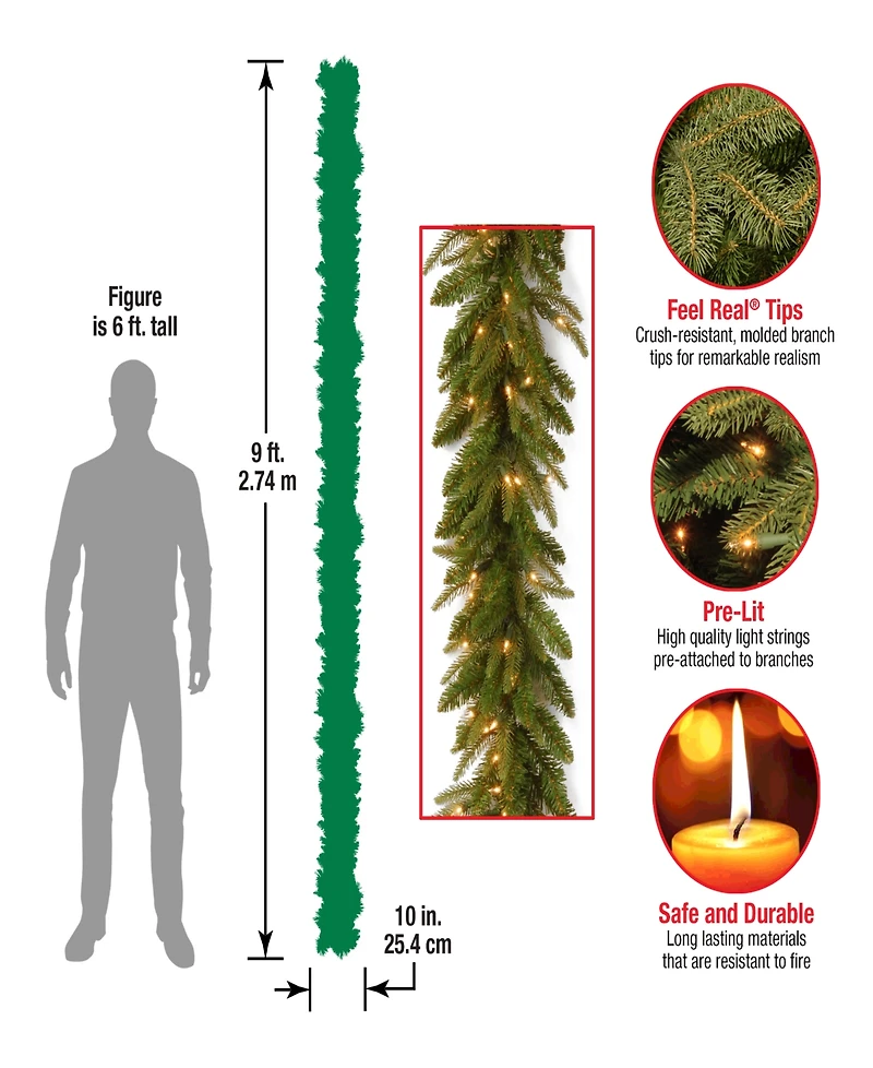 National Tree Company 9' x 10" "Feel-Real" Fraser Grande Garland with 100 Clear Lights