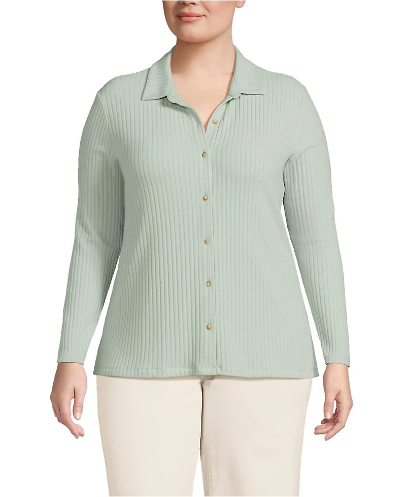 Lands' End Women's Plus Long Sleeve Wide Rib Button Front Polo Shirt