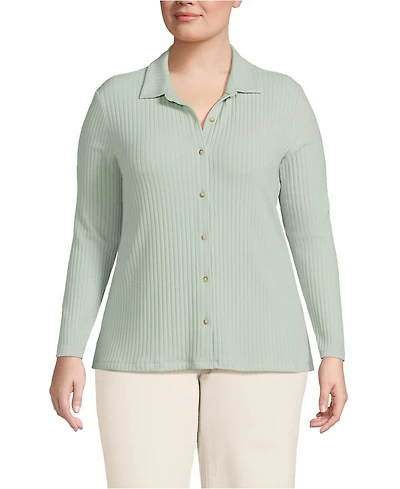 Lands' End Women's Plus Long Sleeve Wide Rib Button Front Polo Shirt
