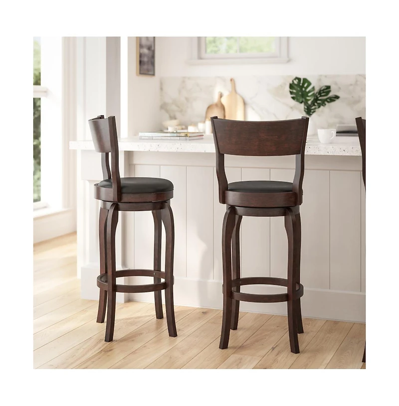 Tally 30" Classic Wooden Open Back Swivel Bar Height Pub Stool With Upholstered Padded Seat And Integrated Footrest