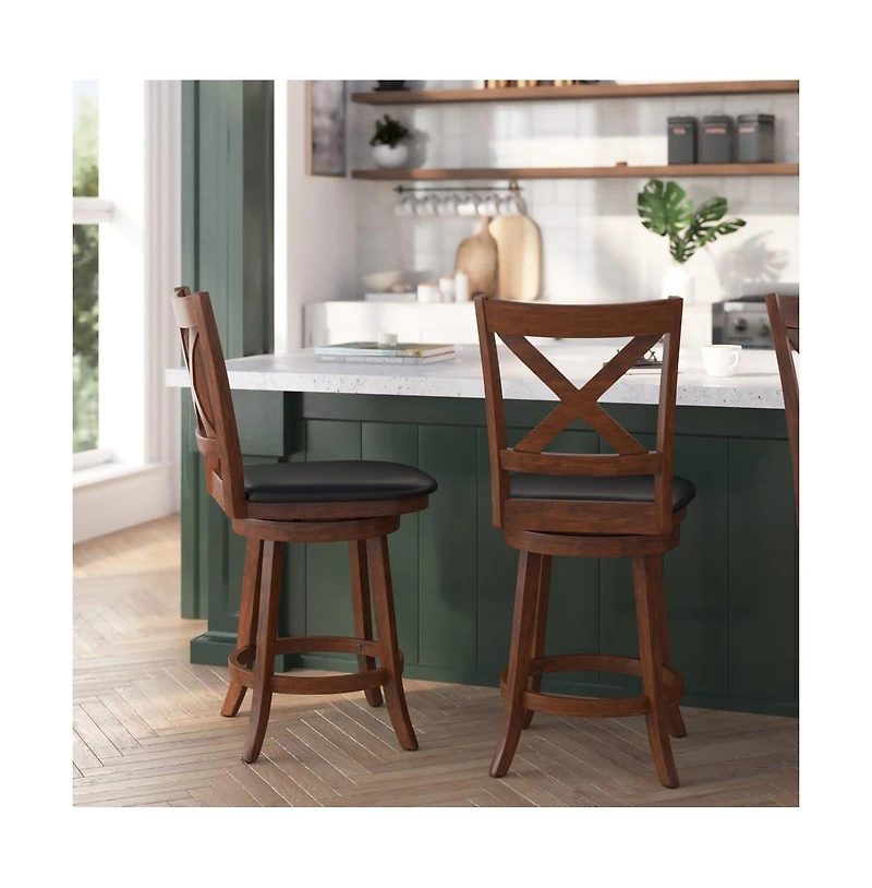 Sora Classic Wooden Crossback Swivel Counter Height Pub Stool With Upholstered Padded Seat And Integrated Footrest