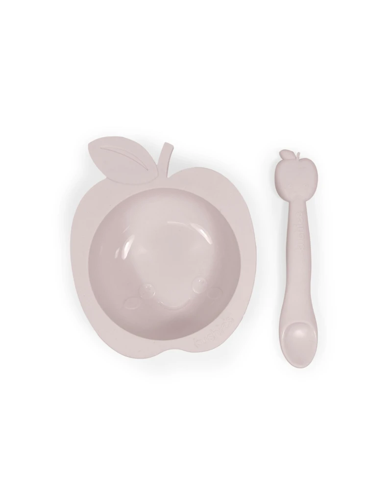 Kushies Silicone Suction Bowl and Spoon Set, Unbreakable, Microwave Safe, Pink Apple