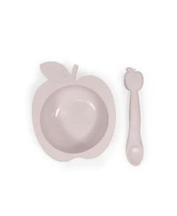 Kushies Silicone Suction Bowl and Spoon Set, Unbreakable, Microwave Safe, Pink Apple