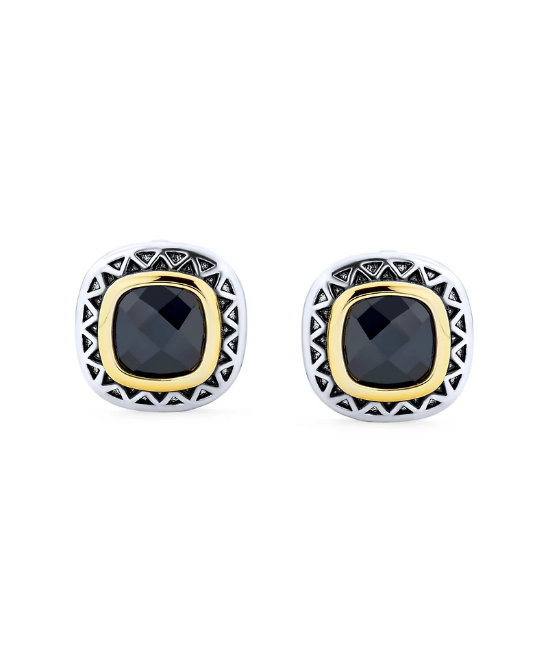 Black Onyx Cubic Zirconia Two Tone Square Cushion Omega Earrings For Women Gold Plated Rhodium Plated Brass