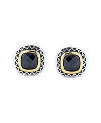 Black Onyx Cubic Zirconia Two Tone Square Cushion Omega Earrings For Women Gold Plated Rhodium Plated Brass