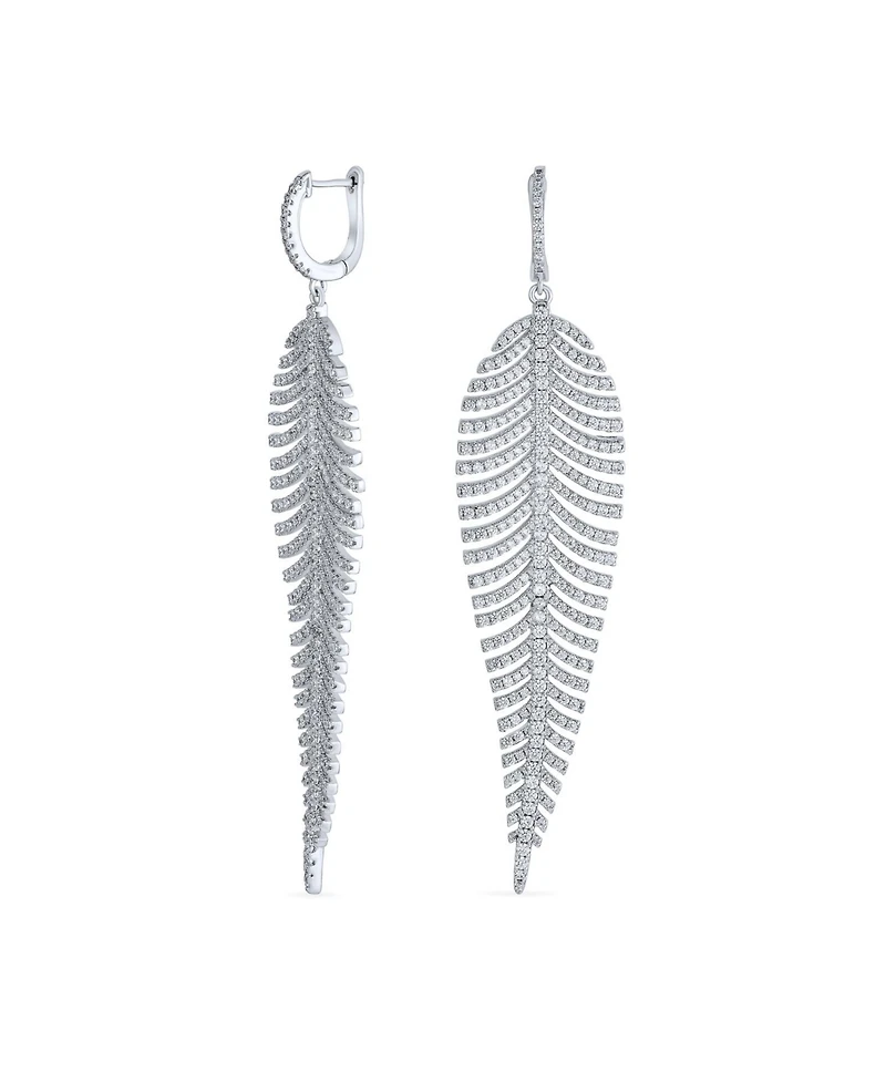 Bling Jewelry Modern Statement Large Long Linear Leaf Pave Cz Cubic Zirconia Chandelier Earrings Prom Rhodium Plated
