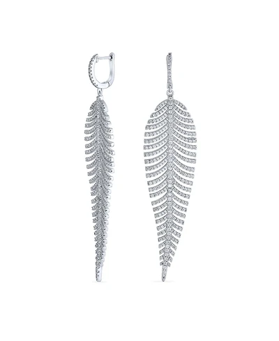 Bling Jewelry Modern Statement Large Long Linear Leaf Pave Cz Cubic Zirconia Chandelier Earrings Prom Rhodium Plated