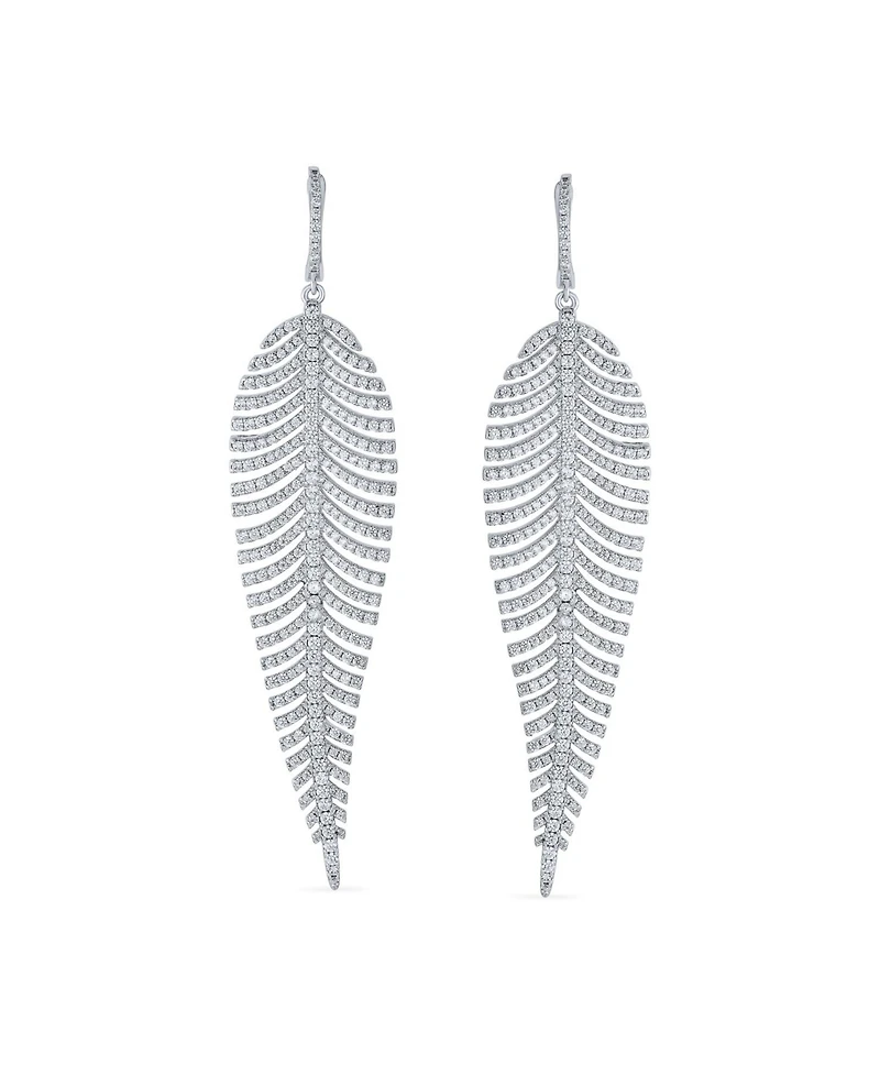 Bling Jewelry Modern Statement Large Long Linear Leaf Pave Cz Cubic Zirconia Chandelier Earrings Prom Rhodium Plated