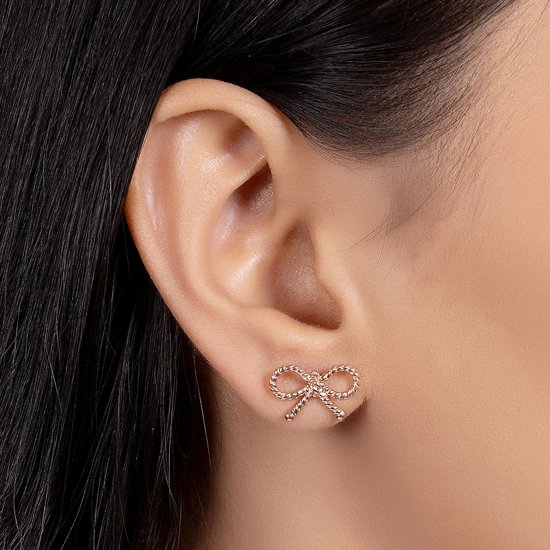 Bling Jewelry Simple Dainty Thin Twist Rope Cable Ribbon Bow Stud Earrings Rose Gold Plated .925 Sterling Silver