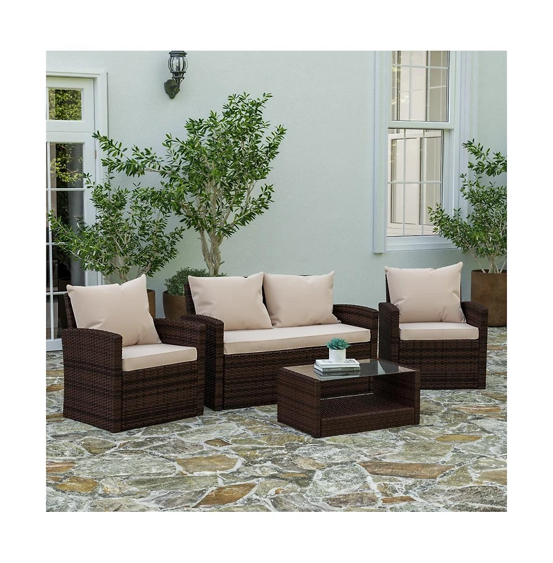 Atlas 4 Piece Patio Set Contemporary Loveseat, 2 Chair And Coffee Table With Back Pillows Seat Cushions
