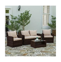 Atlas 4 Piece Patio Set Contemporary Loveseat, 2 Chair And Coffee Table With Back Pillows Seat Cushions