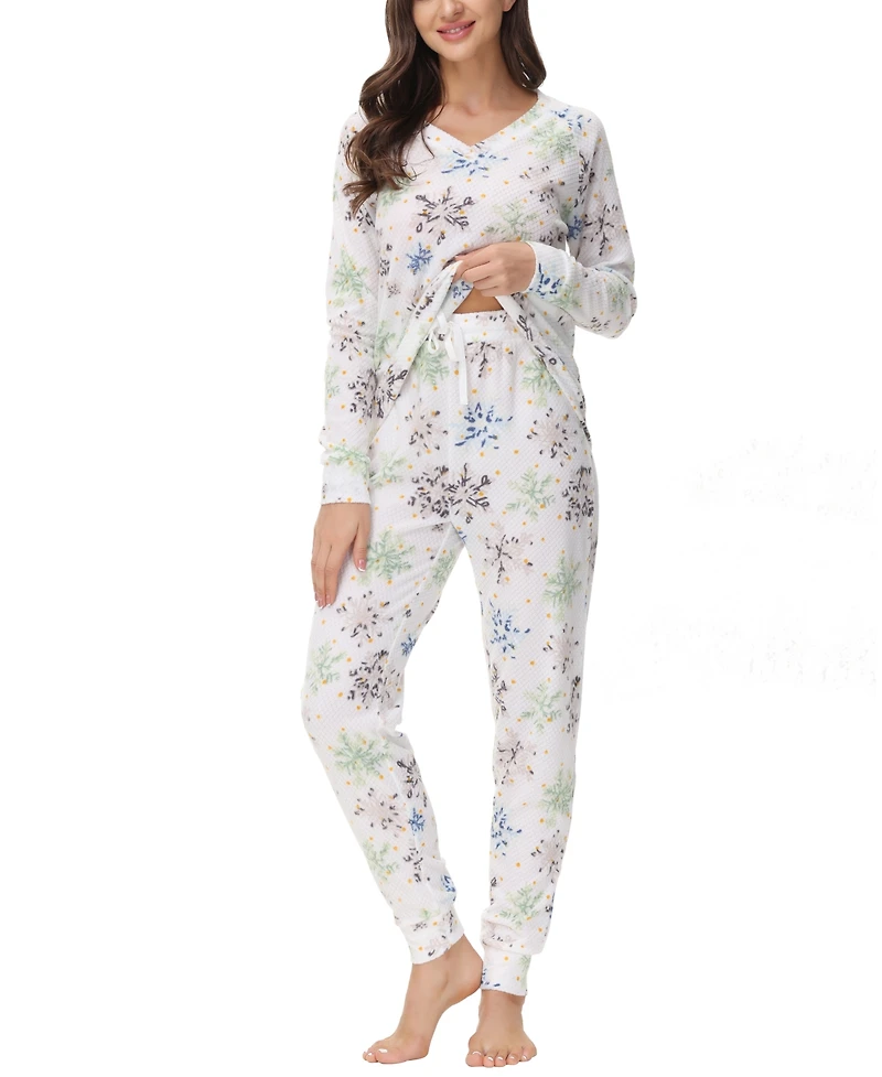 Ink+Ivy Women's Printed Microfleece V-neck Long Sleeve Top with Jogger 2 Pc Pajama Set