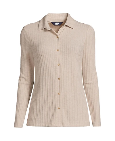 Lands' End Women's Plus Long Sleeve Wide Rib Button Front Polo Shirt