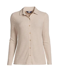 Lands' End Women's Plus Long Sleeve Wide Rib Button Front Polo Shirt