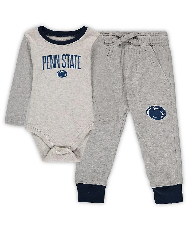 Infant Boys and Girls Wes & Willy Heathered Gray, Navy Penn State Nittany Lions Jie Jie Long Sleeve Bodysuit and Pants Set