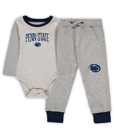 Infant Boys and Girls Wes & Willy Heathered Gray, Navy Penn State Nittany Lions Jie Jie Long Sleeve Bodysuit and Pants Set