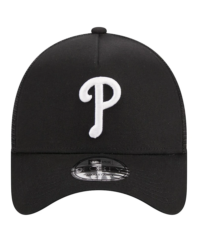 Men's New Era Black Philadelphia Phillies A-Frame 9FORTY Trucker Adjustable Hat