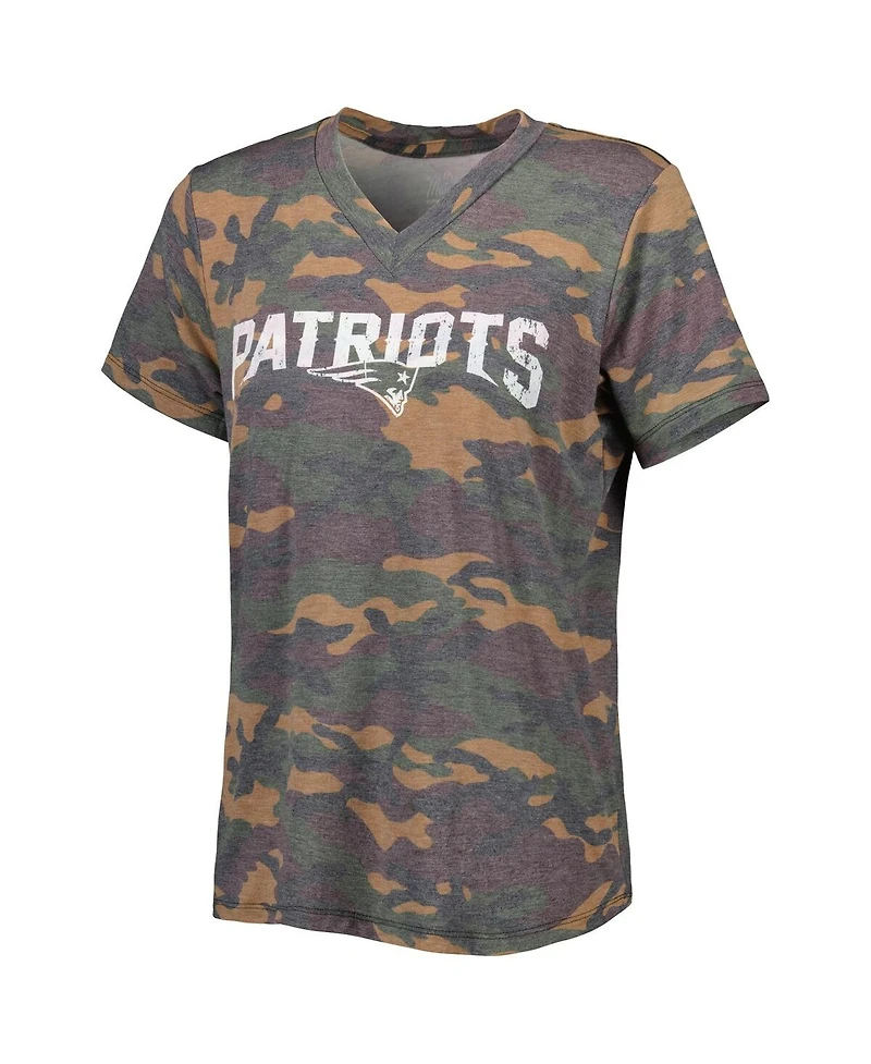 Women's Majestic Threads Mac Jones Camo Distressed New England Patriots Name and Number V-Neck T-shirt
