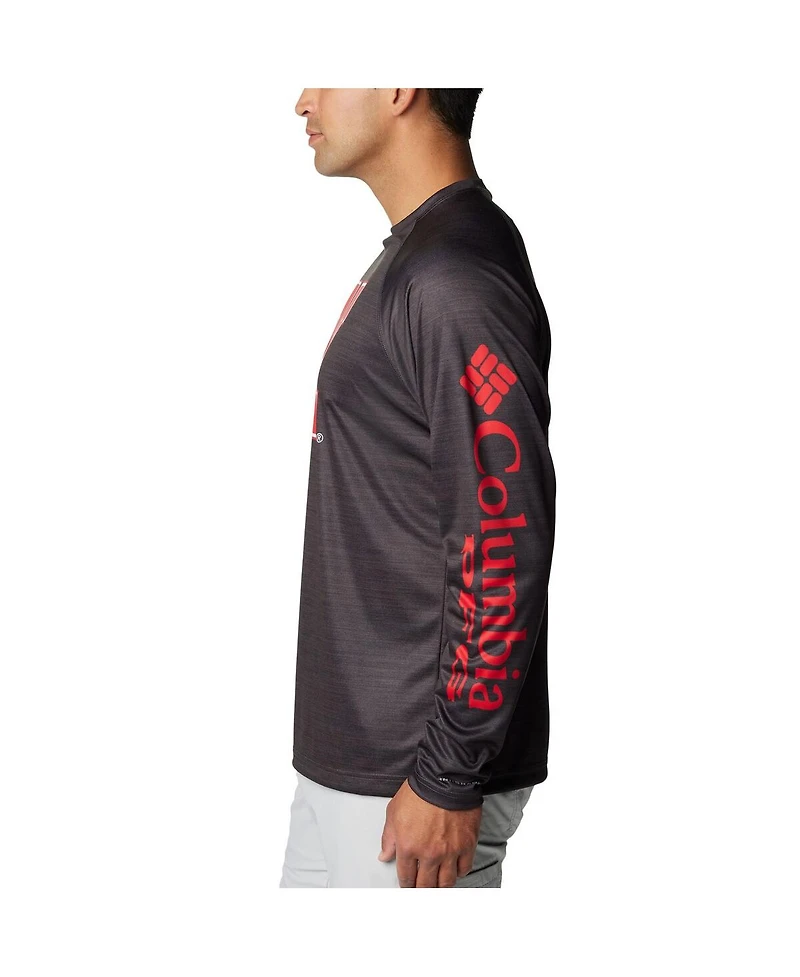 Men's Columbia Heather Charcoal Nebraska Huskers Pfg Terminal Tackle Omni-Shade Raglan Long Sleeve T-shirt