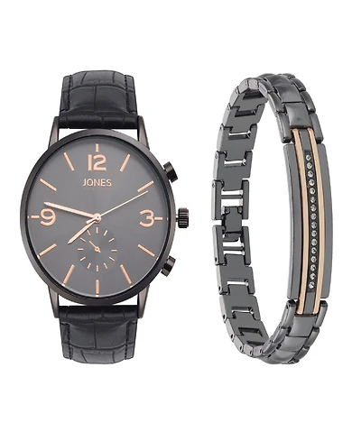 Jones New York Men's Analog Black Croc Leather Strap Watch 42mm Bracelet Gift Set