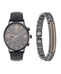 Jones New York Men's Analog Black Croc Leather Strap Watch 42mm Bracelet Gift Set