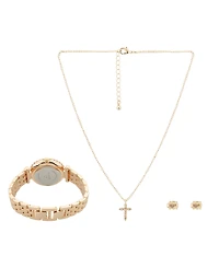 Jessica Carlyle Women's Analog Shiny Gold-Tone Metal Bracelet Watch 34mm with Necklace Earring Set
