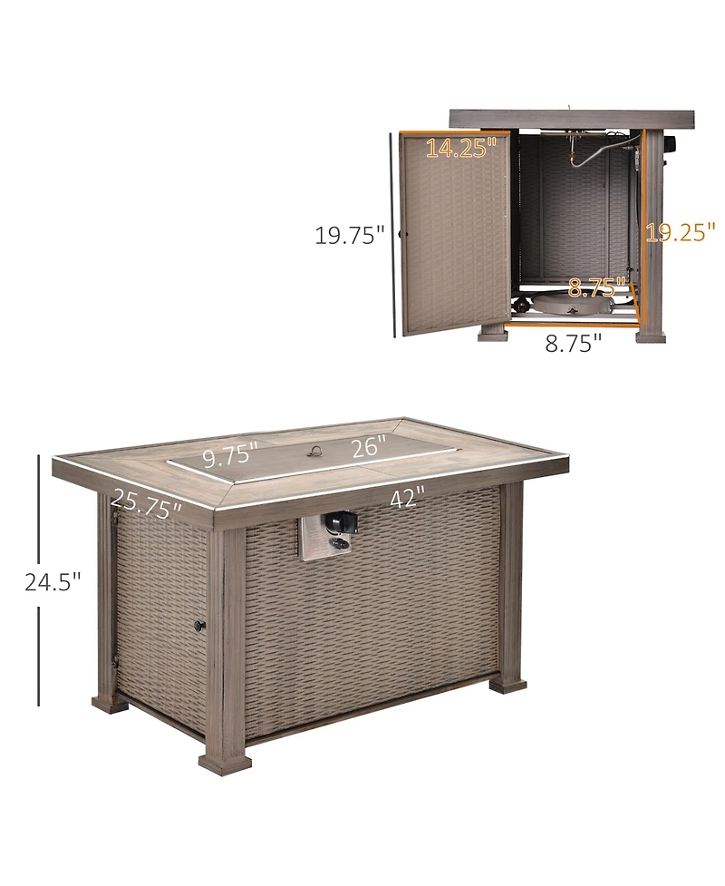 Outsunny 42" Propane Fire Pit Table, 50,000 Btu Wicker-effect Auto-Ignition Gas Fireplace Fire Pits with Ceramic Tabletop, Steel Base, Lid, Lava Rocks