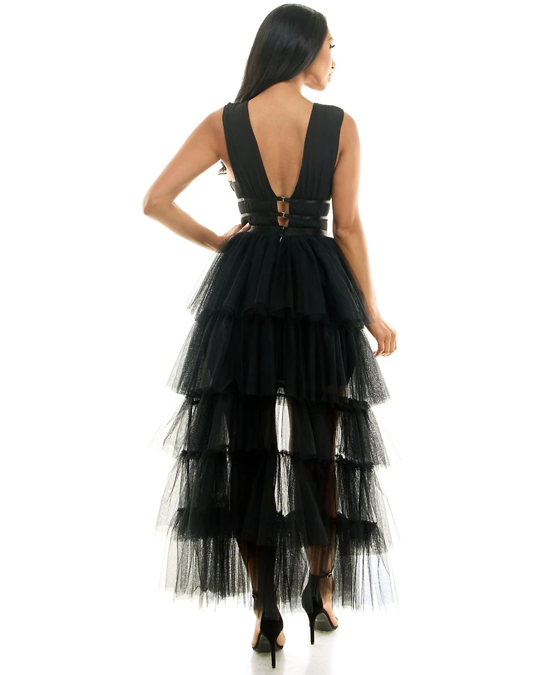 Bebe Women's Tiered High Low Mesh Gown