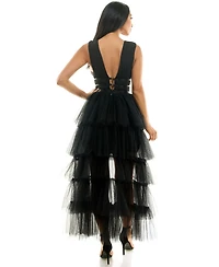 Bebe Women's Tiered High Low Mesh Gown